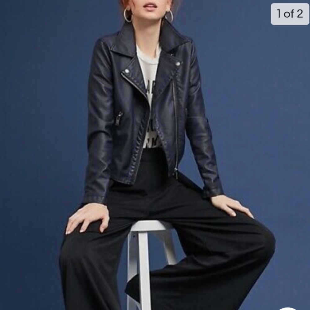 ANTHROPOLOGIE VEGAN LEATHER BLUE MOTO JACKET SIZE SMALL